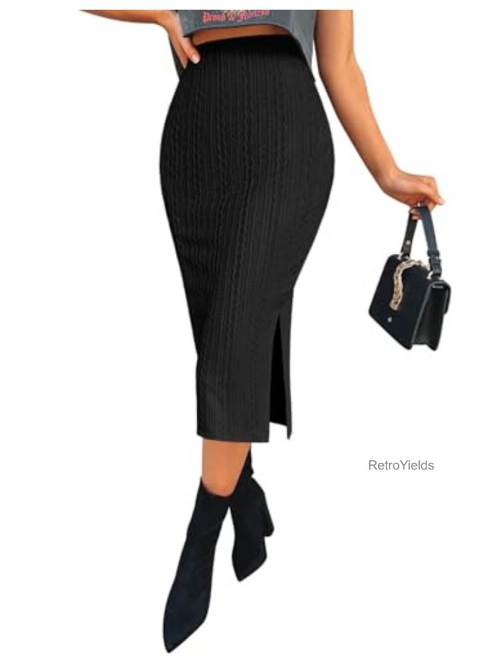 Womens Knit Midi Pencil Skirt High Waisted Long Slit Work Office